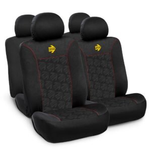 FUNDA CUBRE ASIENTOS MOMO NEGRO/ROJO C/LOGO MOMO GRABADO EN RELIEVE (SET COMPLETO P/AUTO/SUV/PICK UP/ETC)