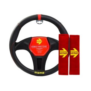 CUBRE VOLANTE MOMO NEGRO/ROJO+ CUBRE CINTURON ROJO/AMARILLO
