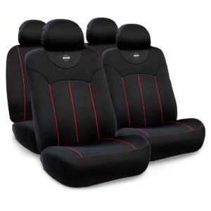 FUNDA CUBRE ASIENTOS MOMO NEGRO/ROJO (SET COMPLETO P/AUTO/SUV/PICK UP/ETC)
