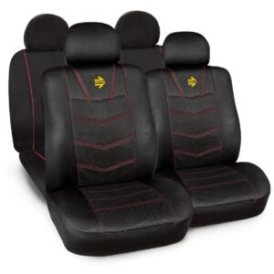 FUNDA CUBRE ASIENTOS MOMO NEGRO MALLA ROJA LOGO AMARILLO (SET COMPLETO P/AUTO/SUV/PICK UP/ETC)