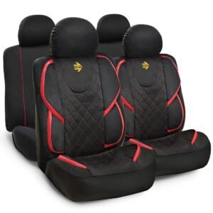 FUNDA CUBRE ASIENTOS MOMO  NEGRO/ROJO GAMUZA BORDADO BRODERIE ROJO (SET COMPLETO P/AUTO/SUV/PICK UP/ETC)
