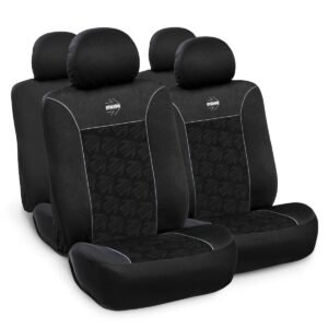 FUNDA CUBRE ASIENTOS MOMO NEGRO/GRIS C/LOGO MOMO GRABADO EN RELIEVE (SET COMPLETO P/AUTO/SUV/PICK UP/ETC)