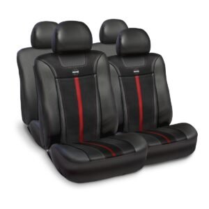 FUNDA CUBRE ASIENTOS MOMO NEGRO/ROJO C/PVC/GAMUZA Y FIBRA DE CARBONO  (SET COMPLETO P/AUTO/SUV/PICK UP/ETC)